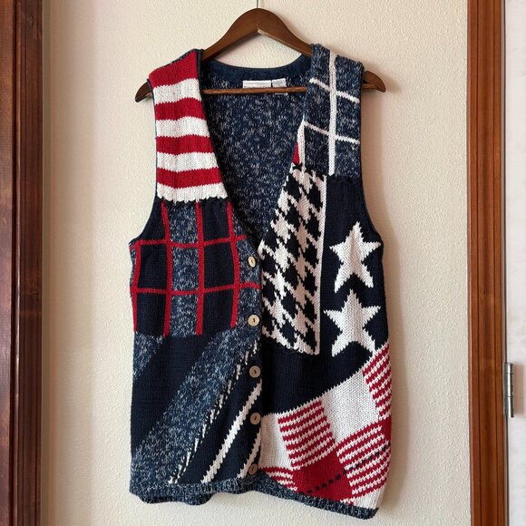 EUC VTG Sweater Vest Knit Red White Blue Stars Stripes Fourth of July 4th Size M - Picture 1 of 7